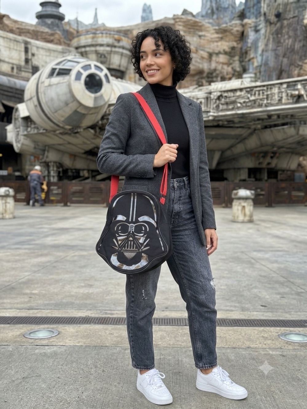 Darth Vader Face Shoulder Bag with Red Strap Black